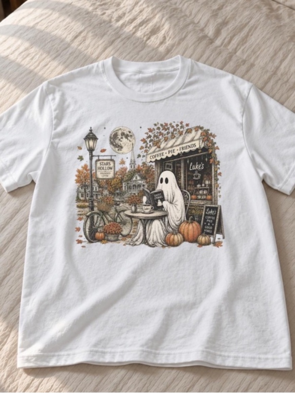 White Halloween Ghost Cafe Graphic Tee